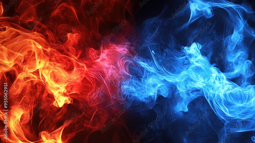 Dynamic Fire and Water Elements Collide in a Vibrant Visual Mosaic. Abstract Art of Opposing Forces Meeting in Harmony.