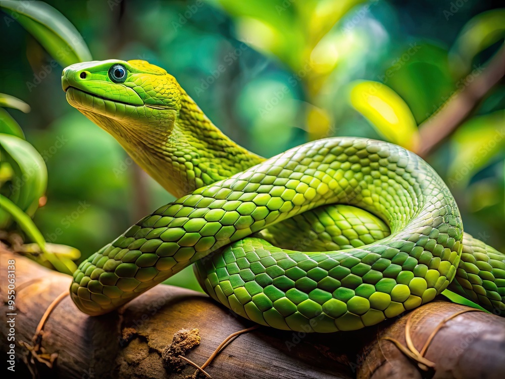 A sleek and venomous green mamba snake coils itself around a branch, its scaly body glistening in the warm sunlight of a tropical jungle habitat. A sleek and venomous green mamba snake coils itself around a branch, its scaly body glistening in the warm sunlight of a tropical jungle habitat.