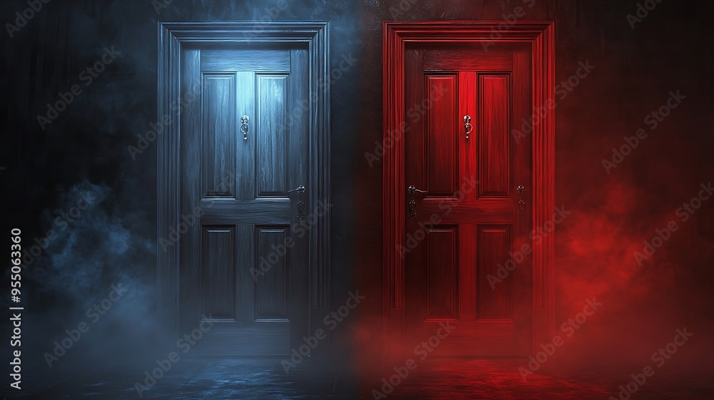 Mystical Encounter: Wooden Doors Enveloped in Silver and Ruby Red Light Amidst Enigmatic Mist Mystical Encounter: Wooden Doors Enveloped in Silver and Ruby Red Light Amidst Enigmatic Mist