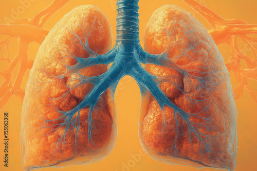 An illustration of the respiratory system, highlighting the lungs, trachea, and bronchi, with air flow direction arrows, isolated on a pastel yellow background,