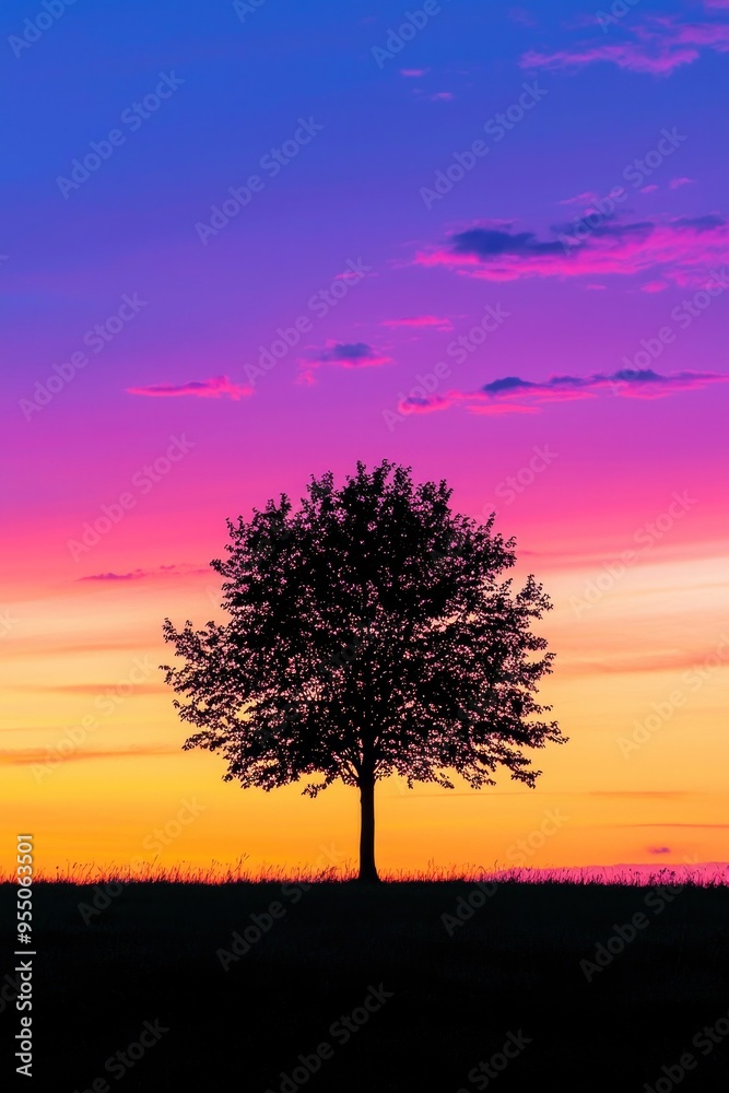 A high-contrast silhouette of a lone tree standing against a vibrant sunset, with bold colors blending in the sky. A high-contrast silhouette of a lone tree standing against a vibrant sunset, with bold colors blending in the sky.