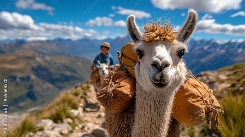 Obraz premium A close-up of a llama with mountain scenery in the background, showcasing the beauty of nature and outdoor exploration.
