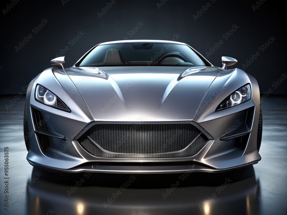 A sleek, modern, silver sports car with a futuristic design and bold, angular lines, adorned with a stylized emblem on the front grille. A sleek, modern, silver sports car with a futuristic design and bold, angular lines, adorned with a stylized emblem on the front grille.