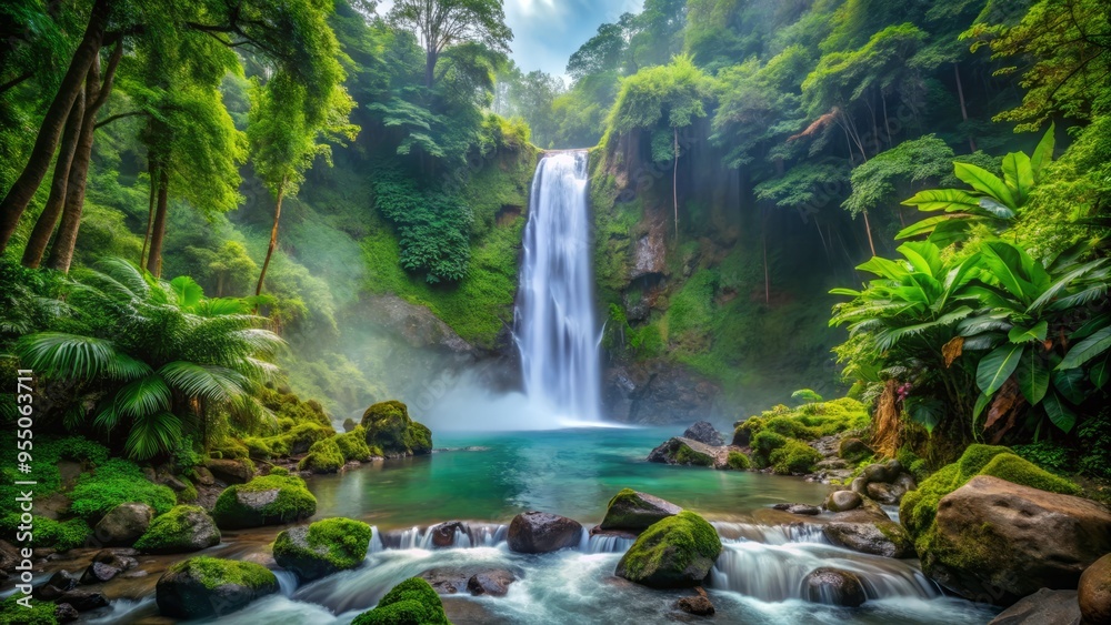 Fototapeta premium Majestic tropical waterfall cascades down lush green rocks surrounded by vibrant flora and misty atmosphere in a tranquil Costa Rican rainforest setting.