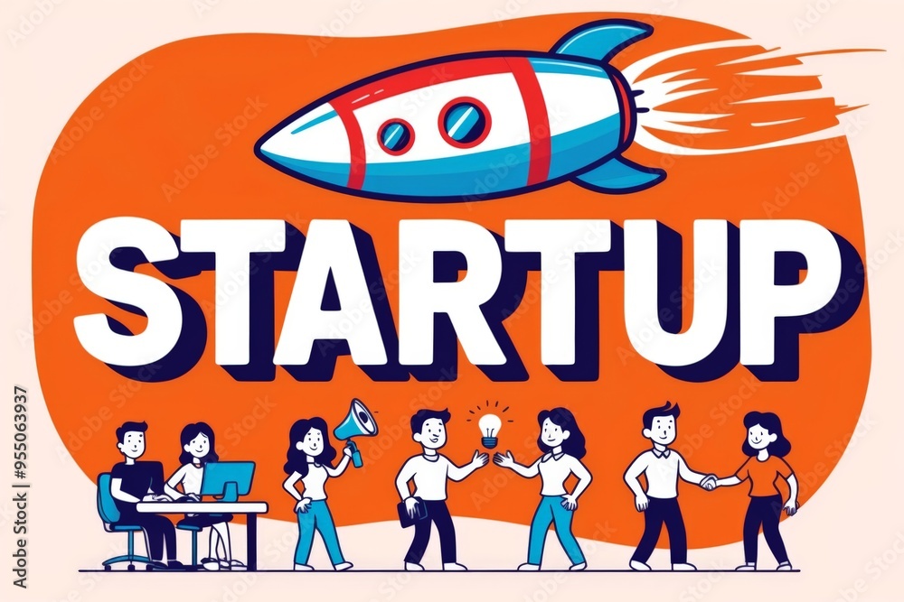 Obraz premium Orange background with rocket and word startup and several people working, business concept.