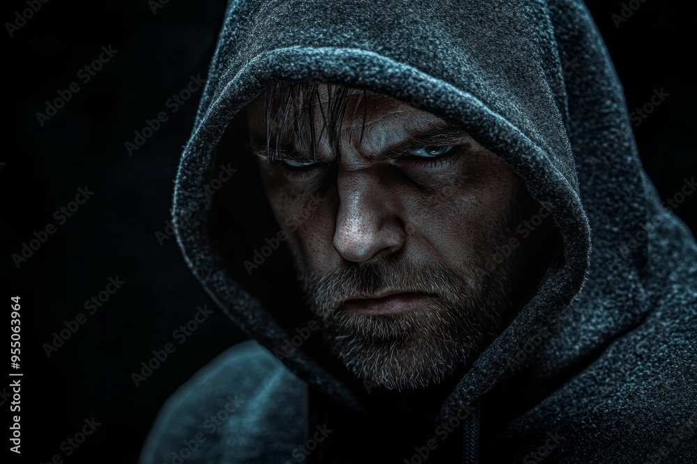 A brooding man in a dark hoodie stares intensely into the camera, evoking a sense of mystery and intrigue. A brooding man in a dark hoodie stares intensely into the camera, evoking a sense of mystery and intrigue.