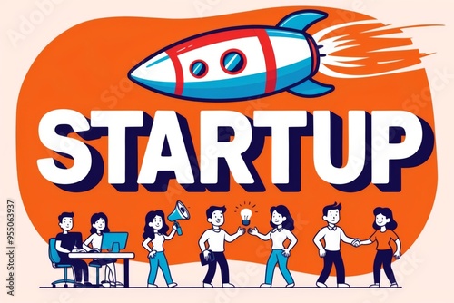 Orange background with rocket and word startup and several people working, business concept.