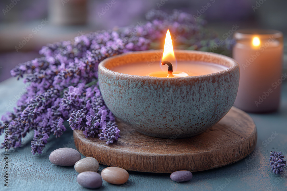 A bowl filled with smooth river stones, a burning candle, and lavender sprigs, set on a wooden table, isolated on a pastel lavender background, A bowl filled with smooth river stones, a burning candle, and lavender sprigs, set on a wooden table, isolated on a pastel lavender background,