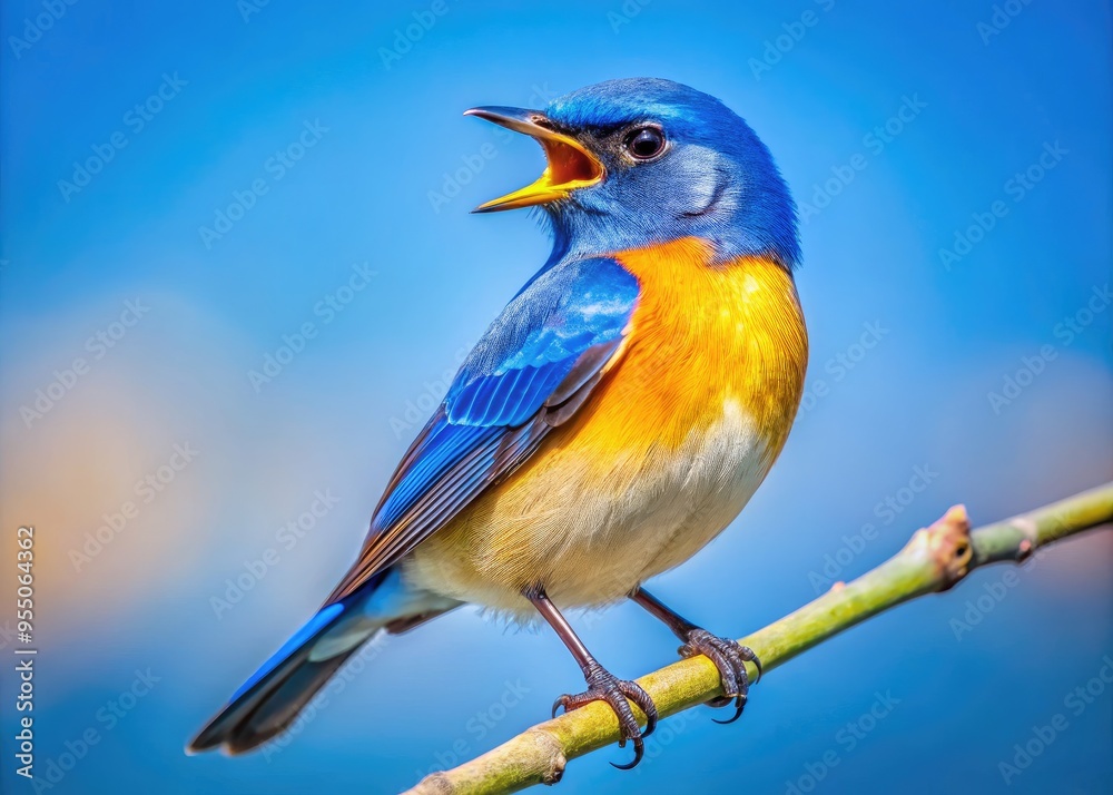 A small blue bird with a yellow beak and feathers perched on a twig, singing a cheerful morning song against a bright blue sky background.