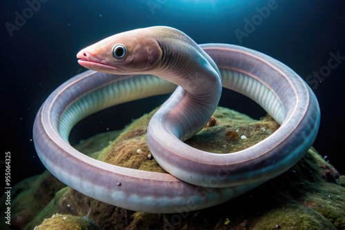 A slimy, eel-like hagfish swims through murky ocean waters, its pinkish-gray body undulating as it searches for carrion to feed on in the dark depths. photo