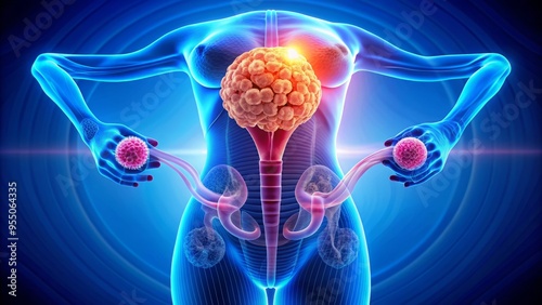 Medical illustration of female reproductive system showing uterus, ovaries, and cervix with malignant tumors, highlighting importance of women's health screenings and cancer awareness. photo