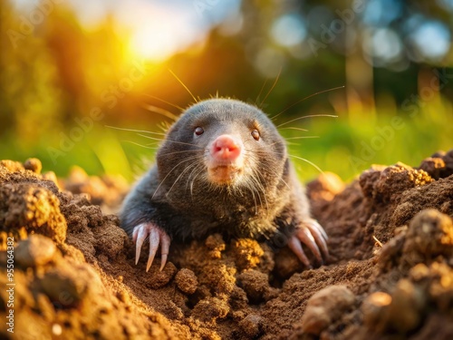 A small, furry mole peers out of its burrow, its snout and twitching whiskers illuminated by a shaft of warm sunlight filtering through the soil. photo