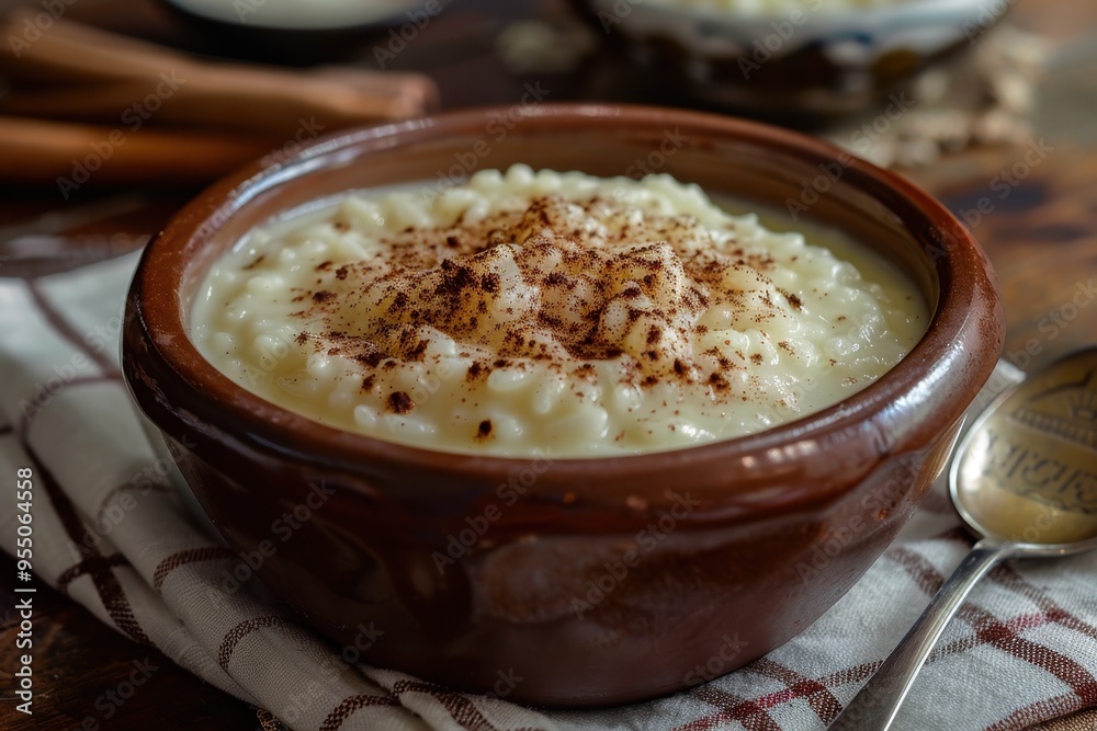 A serving of rizogalo, a creamy rice pudding sprinkled with cinnamon, served in a rustic ceramic bowl. A serving of rizogalo, a creamy rice pudding sprinkled with cinnamon, served in a rustic ceramic bowl.