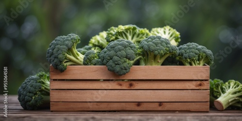 Fresh Broccoli Harvest in a Wooden Crate.