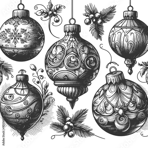 vintage Christmas ornaments and decorations, including baubles, stars, and festive foliage sketch engraving generative ai vector illustration. Scratch board imitation. Black and white image.