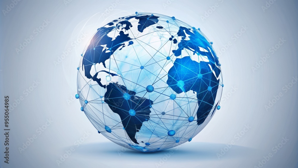 Minimalist blue wireframe globe with connected nodes and lines on a white background, representing digital networking and global communication in a futuristic style. Minimalist blue wireframe globe with connected nodes and lines on a white background, representing digital networking and global communication in a futuristic style.