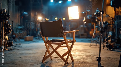 Empty director's chair on a film set with lighting and equipment.