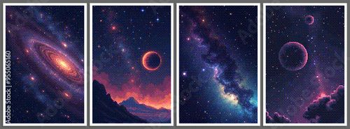 Set of pixelated posters with futuristic deep space scene in pixel art style with dithering effect. Retro space background for vintage cover, flyer, magazine or banner. Vector 8-bit illustration