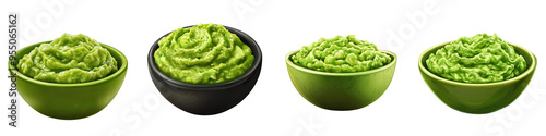 Four bowls of creamy green guacamole, perfect for enhancing dishes or appetizers with fresh flavor.