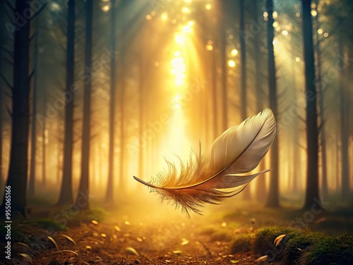 A solitary feather drifts gently downwards, suspended in mid-air, symbolizing freedom and release, amidst a serene and misty forest background with warm golden lighting. photo