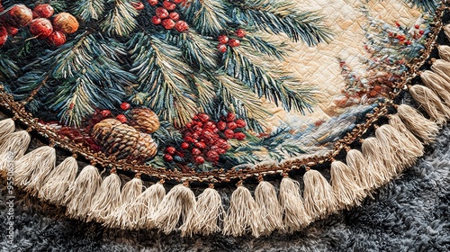 Boho Christmas tree skirt, made of woven fabric with fringe and tassels, rustic and cozy, Watercolor style photo