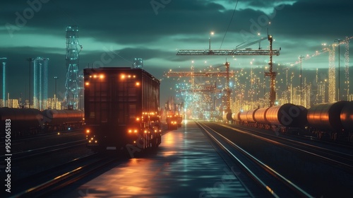 Majestic Cityscape Illuminated by Glowing Train Tracks at Night