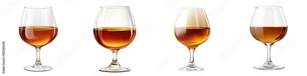 Four elegant glasses displaying various shades of amber spirits, perfect for showcasing drinks in a sophisticated setting. Four elegant glasses displaying various shades of amber spirits, perfect for showcasing drinks in a sophisticated setting.