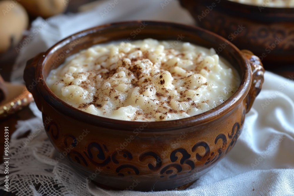 A serving of rizogalo, a creamy rice pudding sprinkled with cinnamon, served in a rustic ceramic bowl. A serving of rizogalo, a creamy rice pudding sprinkled with cinnamon, served in a rustic ceramic bowl.