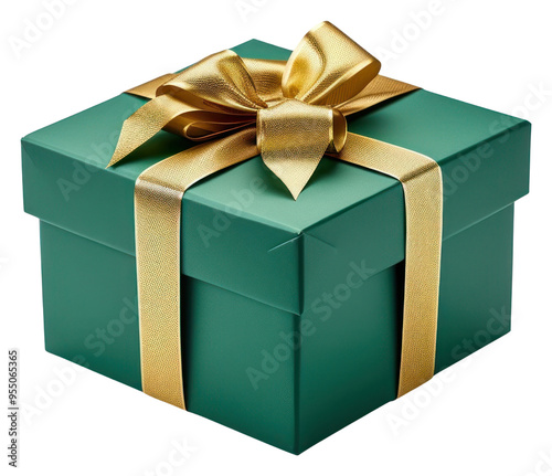 PNG Green gift box wrapped ribbon gold. photo