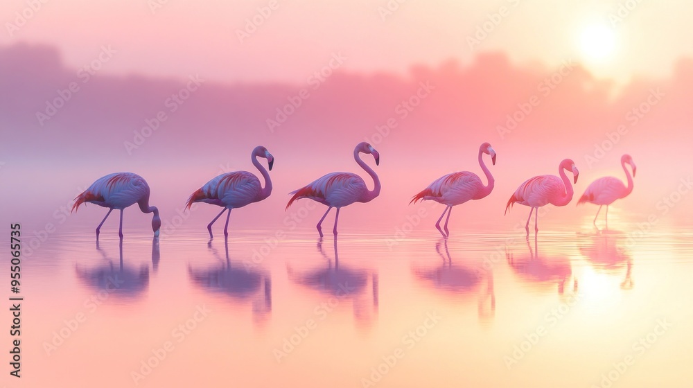 Naklejka premium Flamingos at Sunrise