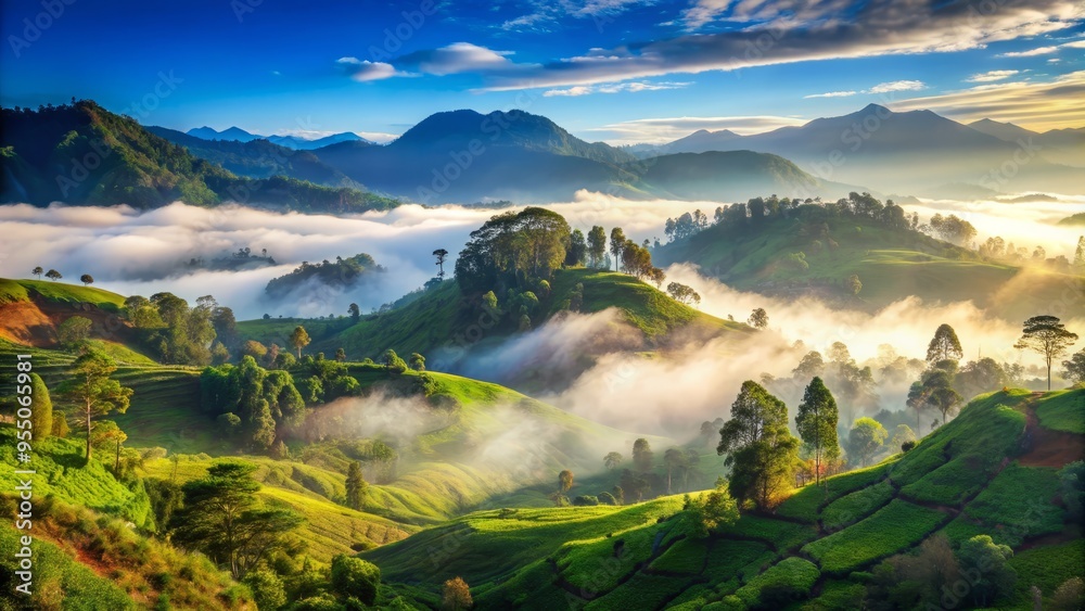 Fototapeta premium Misty morning landscape of World's End in Nuwara Eliya, Sri Lanka, with lush green hills and forests shrouded in fog, under a bright blue sky.