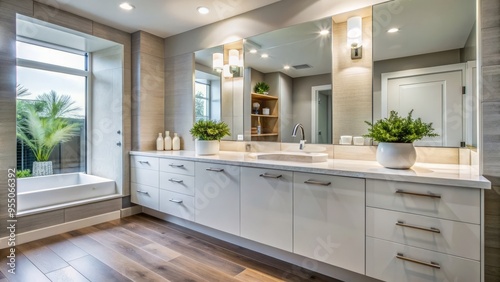 Modern bathroom features sleek, white cabinets with soft-close drawers and doors, paired with a sleek countertop and wall-mounted faucet, creating a spa-like ambiance. photo