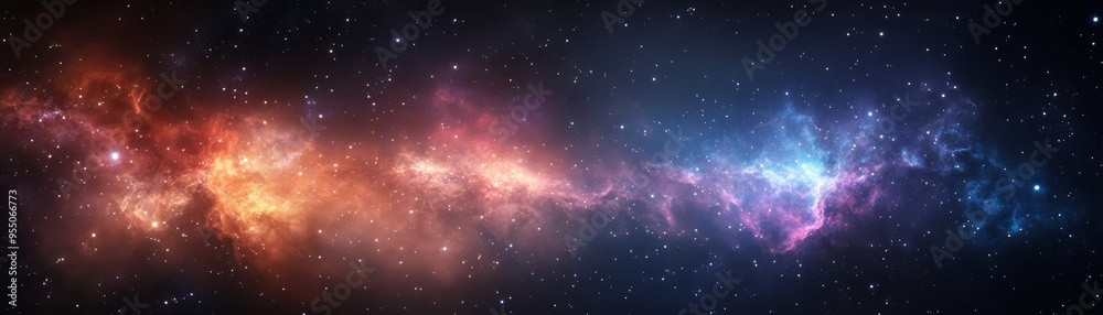 Obraz premium A stunning cosmic nebula with vibrant colors of orange, blue, and purple, showcasing the beauty of outer space.