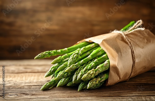 Fresh asparagus wrapped in paper on a rustic wooden table, perfect for healthy eating and cooking inspiration.