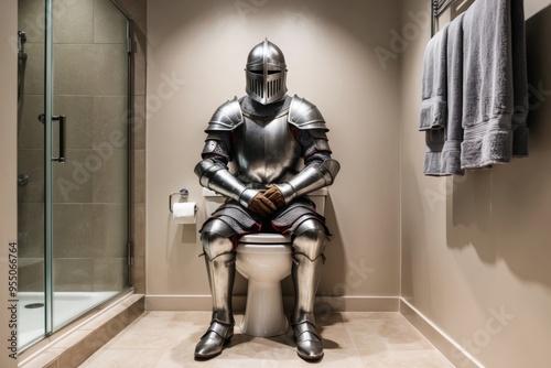 Medieval knight in armor and helmet sitting on a toilet in a modern bathroom. photo