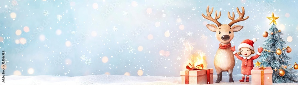 Reindeer with Christmas decorations, children excitedly receiving presents by the fire, Watercolor style Reindeer with Christmas decorations, children excitedly receiving presents by the fire, Watercolor style