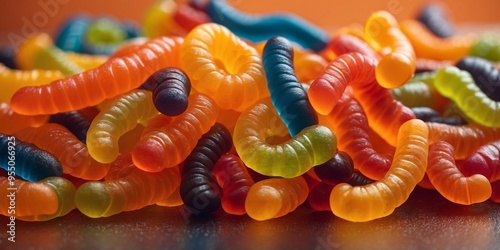 Colorful gummy worm candy with sugar upon orange background. photo