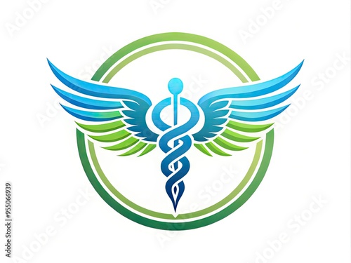 A stylized blue and green logo featuring a pair of interconnected wings surrounded by a circle, conveying care, protection, and medical wellness. photo