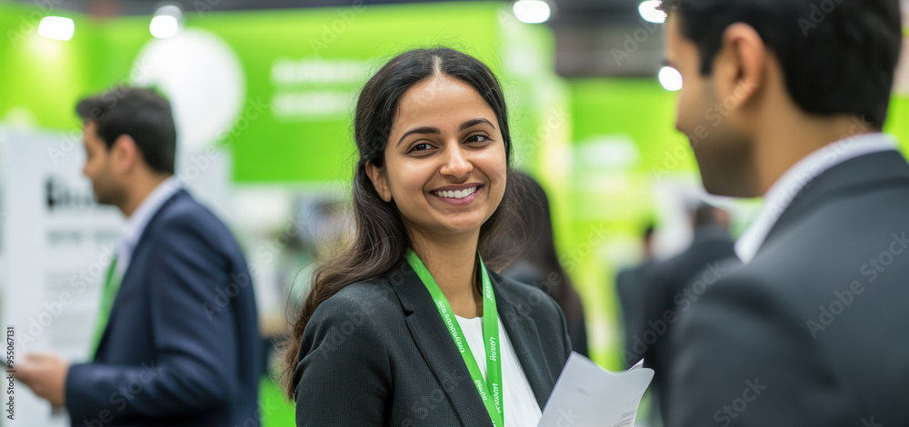 Obraz premium Professional converses colleague during corporate networking event, sharing insights forming valuable connections. Event atmosphere highlights Green concept.