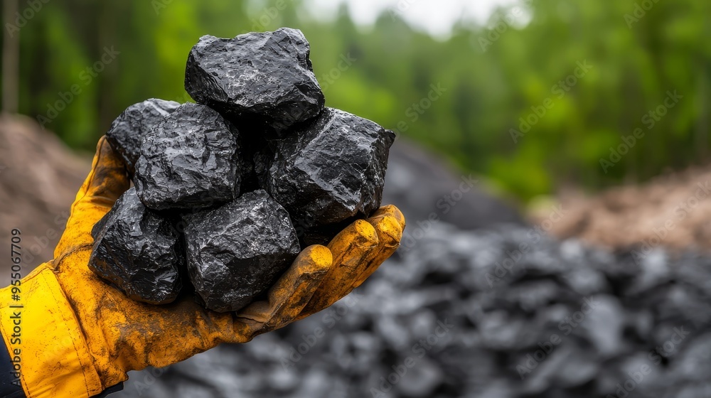 closeup of coal in gloved hand against a background of coal pile and green forest in an opencast mine closeup of coal in gloved hand against a background of coal pile and green forest in an opencast mine