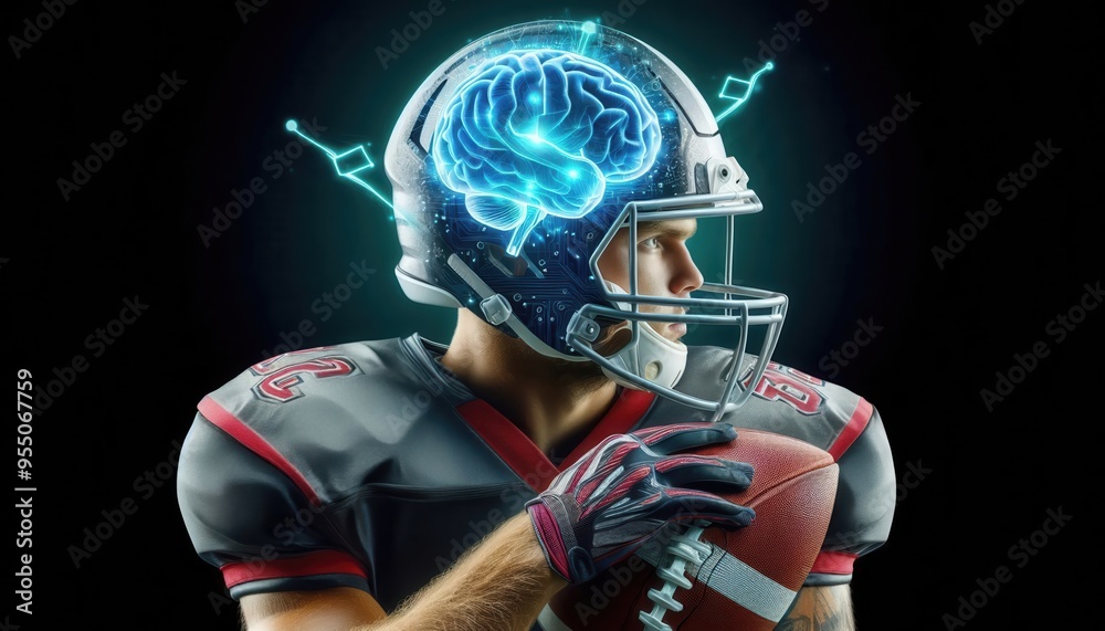 An innovative illustration of a football player with a brain inside a helmet, symbolizing the intersection of sports and technology, ideal for health, sports psychology, and tech fields. An innovative illustration of a football player with a brain inside a helmet, symbolizing the intersection of sports and technology, ideal for health, sports psychology, and tech fields.