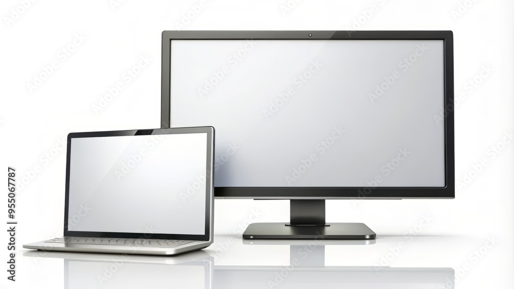Modern flat screen television and computer monitor displays with blank white templates on screens, isolated on a white background, ideal for content placement. Modern flat screen television and computer monitor displays with blank white templates on screens, isolated on a white background, ideal for content placement.