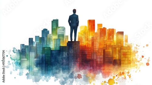 A silhouette of a man standing atop a vibrant, colorful skyline, symbolizing ambition, success, and urban life.