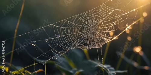 Morning dew on a spider web with light rays. photo