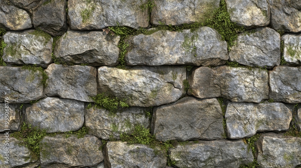 A detailed view showcases a textured stone wall adorned with patches of moss, giving a rustic appearance in natural light A detailed view showcases a textured stone wall adorned with patches of moss, giving a rustic appearance in natural light