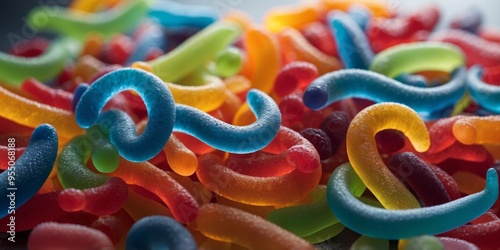 Colorful gummy worms upon frosty surface within soft light. photo