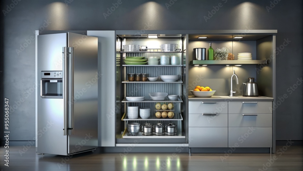 Modern kitchen appliance with stainless steel door and LED display, loaded with sparkling clean dishes and utensils, against a sleek grey background. Modern kitchen appliance with stainless steel door and LED display, loaded with sparkling clean dishes and utensils, against a sleek grey background.