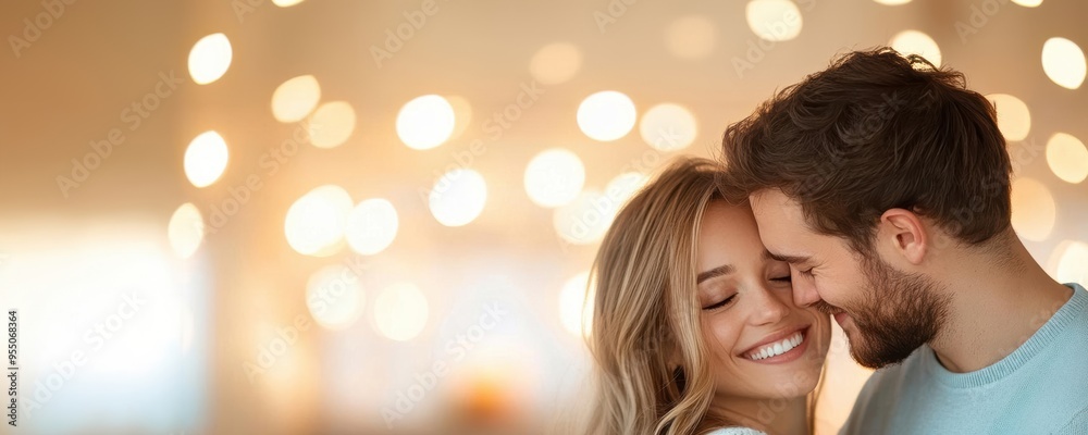 Couple kissing in a warmly lit living room, Male and female couple, intimacy Couple kissing in a warmly lit living room, Male and female couple, intimacy