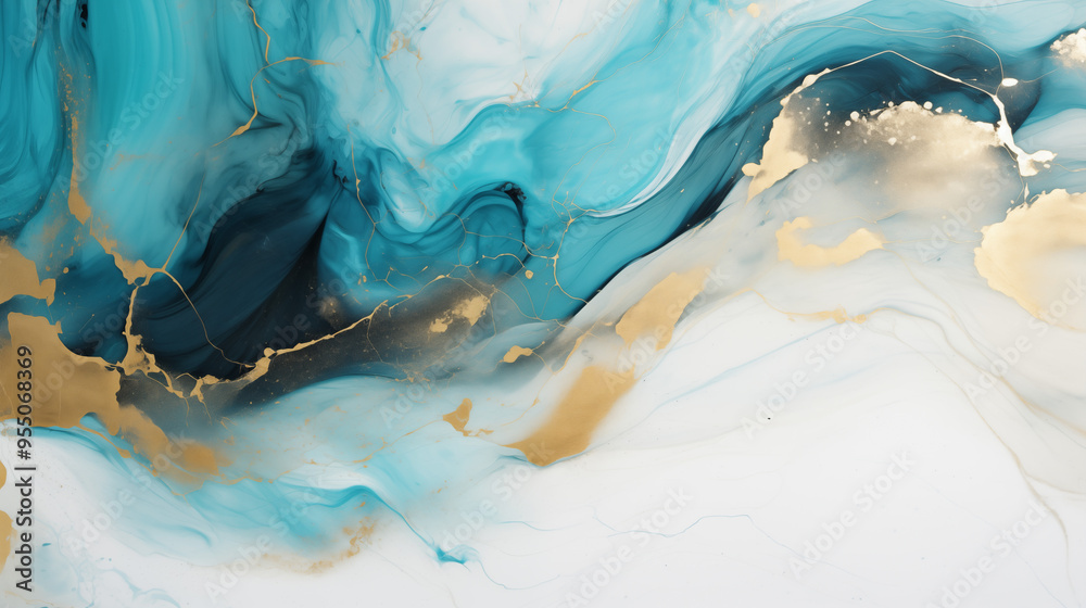 Fototapeta premium A HD close up of a minimalist acrylic marble painting. The painting is kept in black, white, aquamarine and golden colors