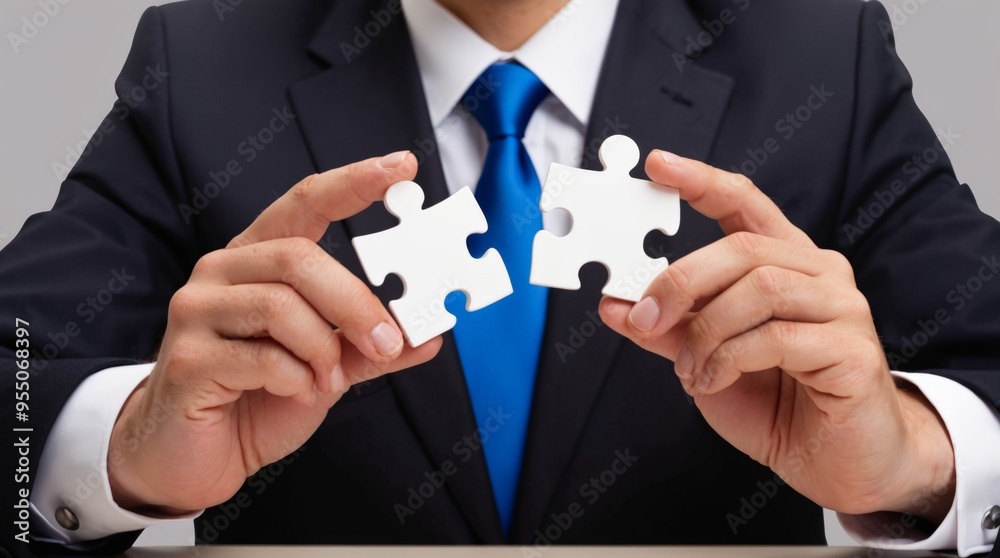 Man in suit holding puzzle pieces, business and strategy concept.